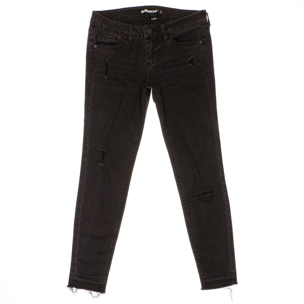 Dollhouse Alexa Skinny Ankle Jeans 5 Black Distressed Denim Stretch Junior 28x26